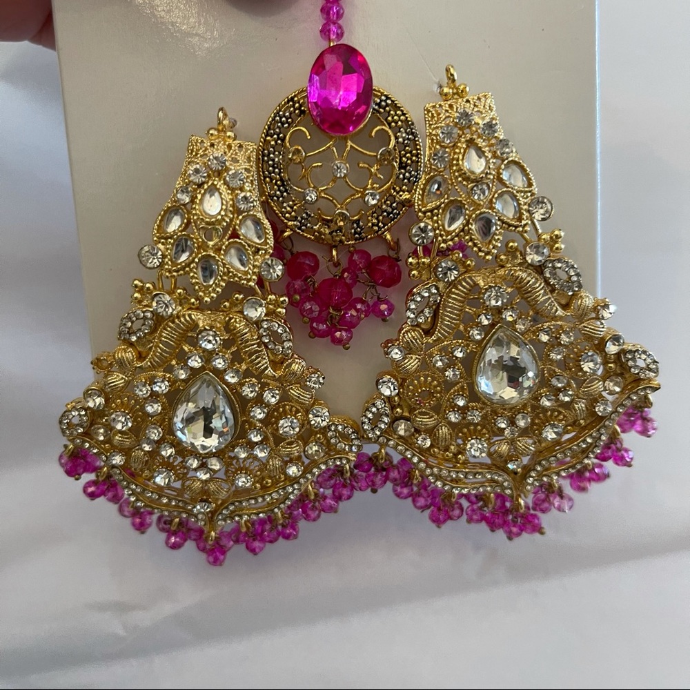 Indian Pink Chandelier Earring and Maang tikka NBW